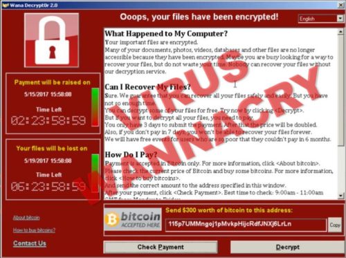 Captura de pantalla del virus wanna cry, el ransomware que sale en todas las noticias